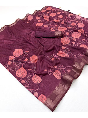 Peachmode Purple Leaf Printed Cotton Saree - Image 2