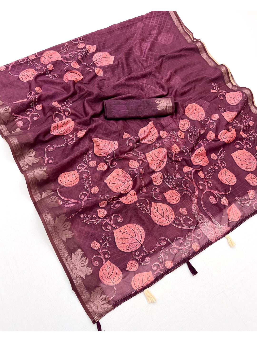 Peachmode Purple Leaf Printed Cotton Saree - Image 3