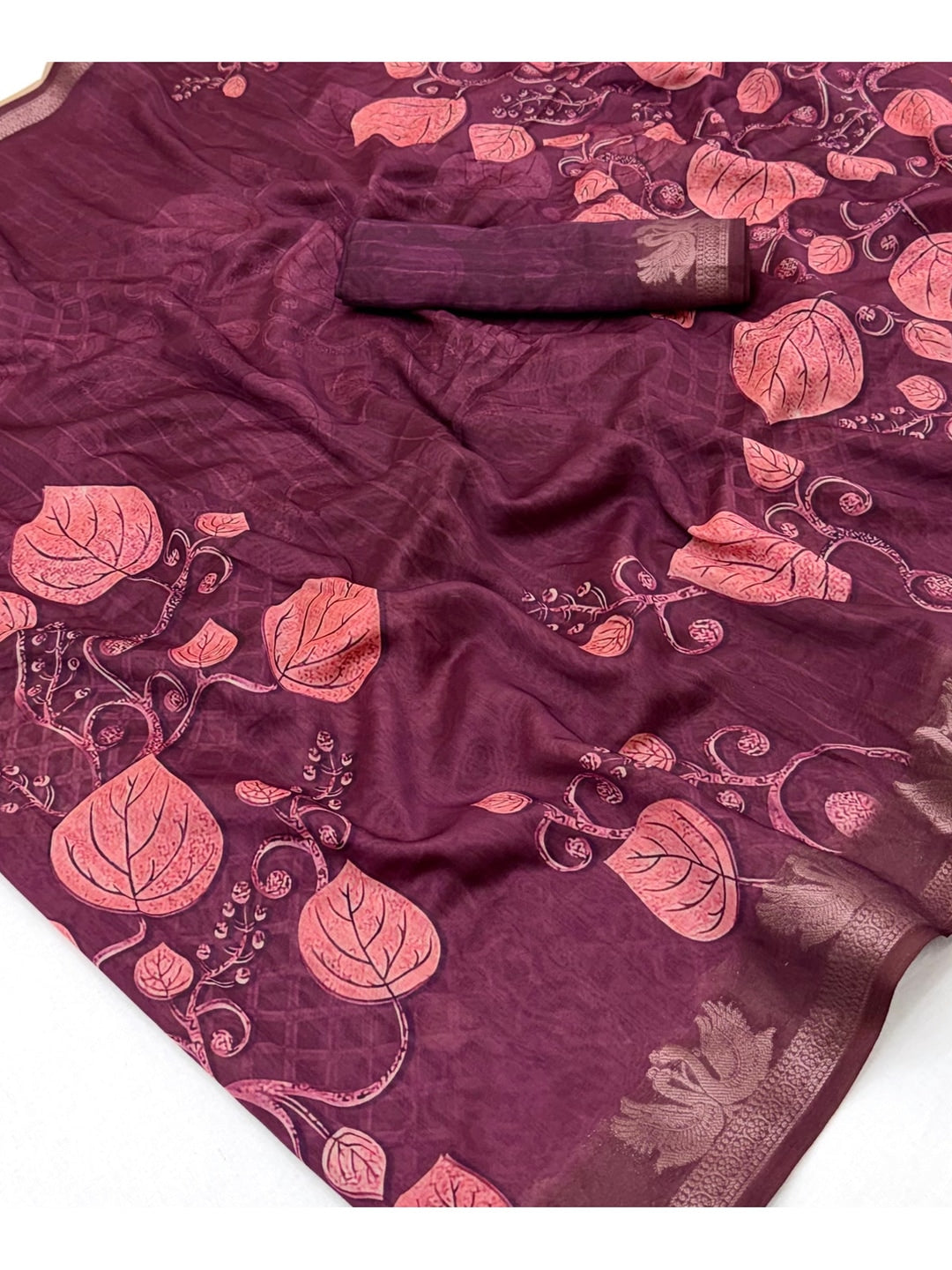 Peachmode Purple Leaf Printed Cotton Saree - Image 4