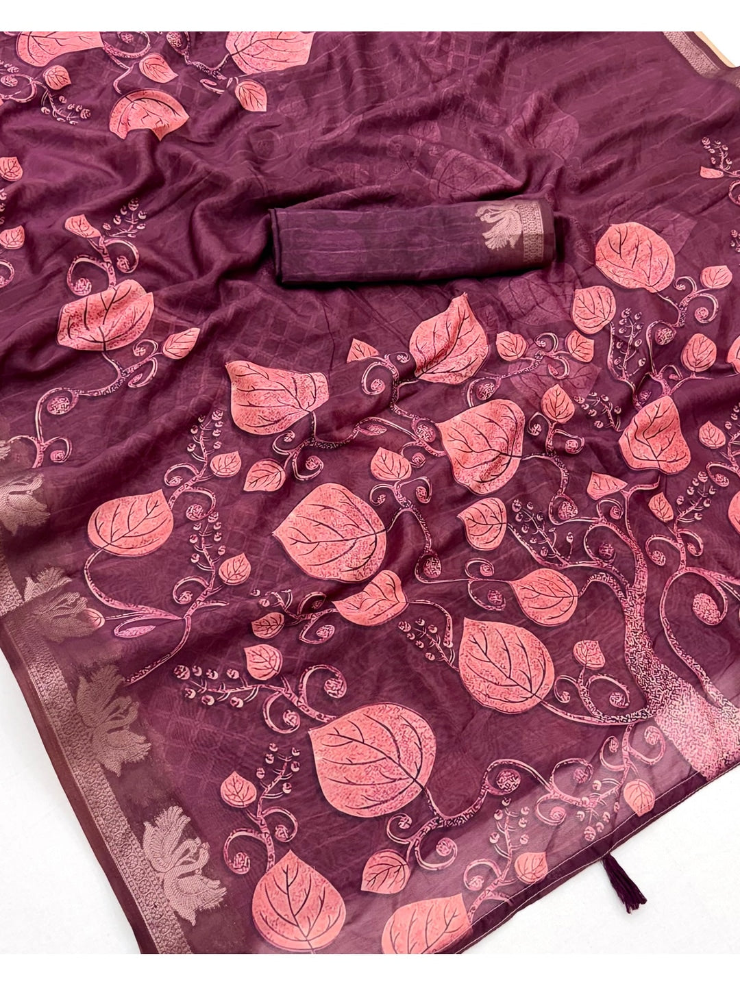 Peachmode Purple Leaf Printed Cotton Saree - Image 5