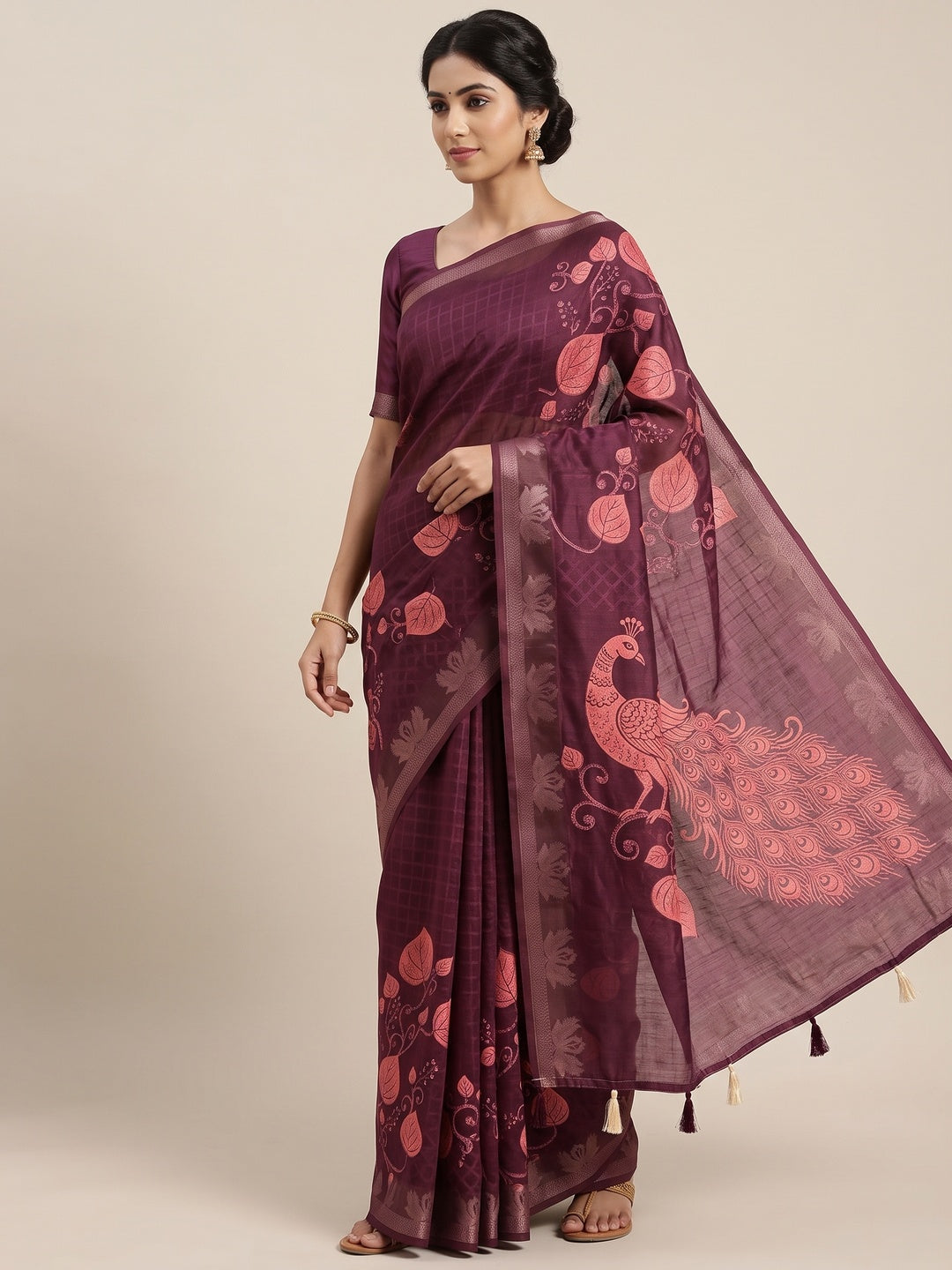 Peachmode Purple Leaf Printed Cotton Saree - Image 1