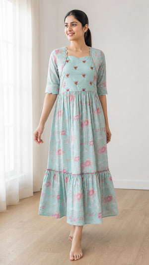 Peachmode Sea Green Crepe Floral Embellished Tiered Maxi Dress - Image 1