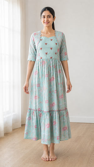 Peachmode Sea Green Crepe Floral Embellished Tiered Maxi Dress - Image 2