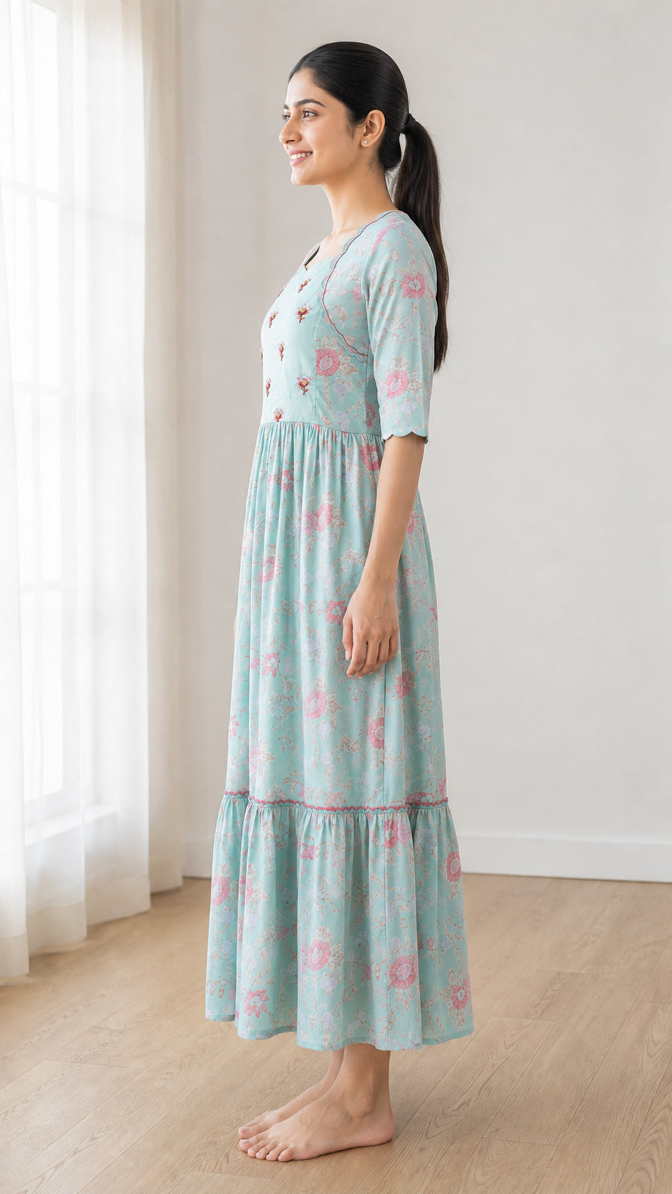 Peachmode Sea Green Crepe Floral Embellished Tiered Maxi Dress - Image 3
