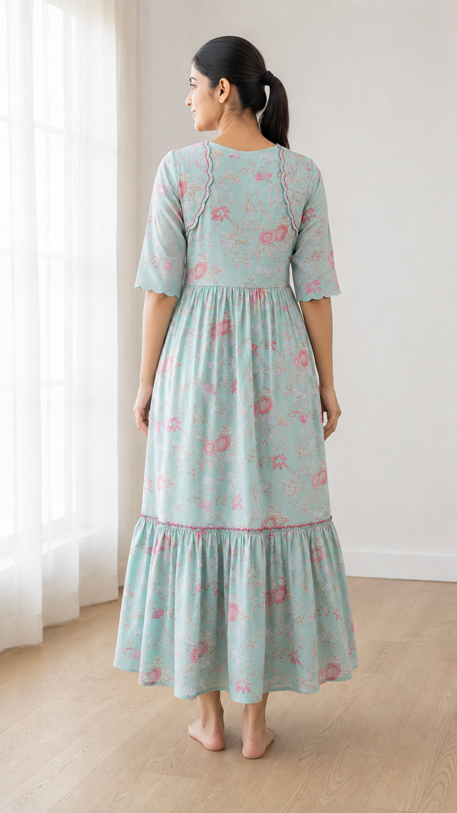 Peachmode Sea Green Crepe Floral Embellished Tiered Maxi Dress - Image 4