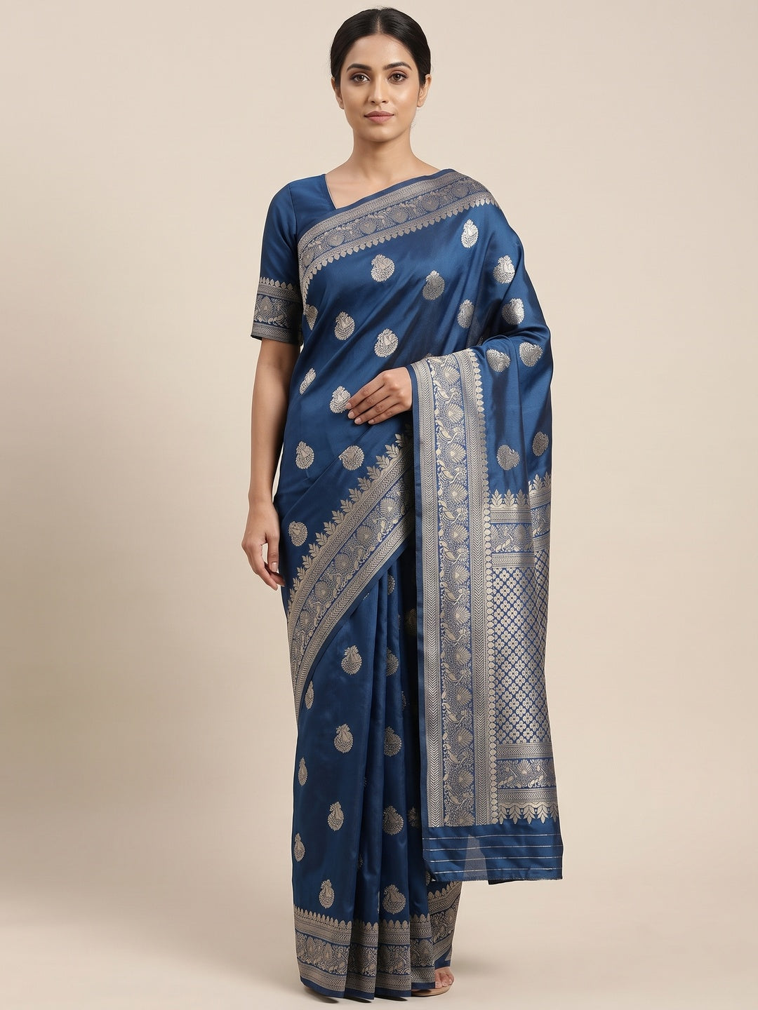 Morpich Blue Floral Woven Lichi Banarasi Silk Saree - Image 5