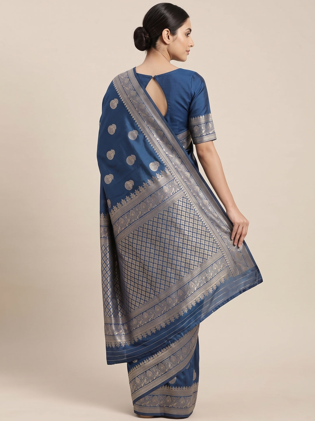 Morpich Blue Floral Woven Lichi Banarasi Silk Saree - Image 6