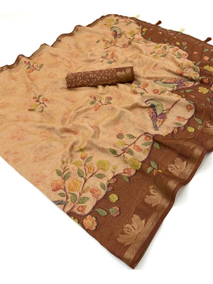Peachmode Cream Peacock Floral Printed Cotton Saree - Image 2