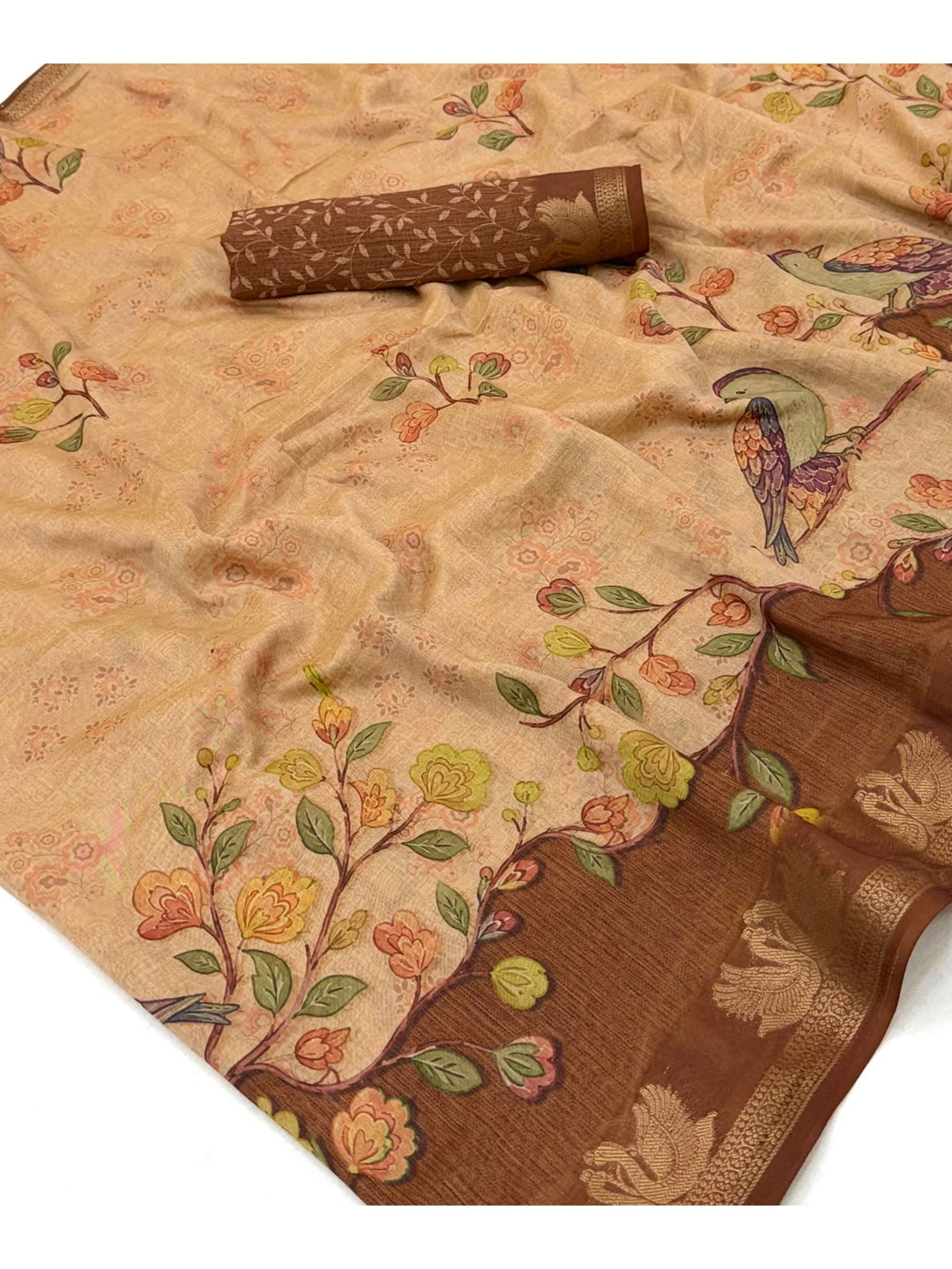 Peachmode Cream Peacock Floral Printed Cotton Saree - Image 4