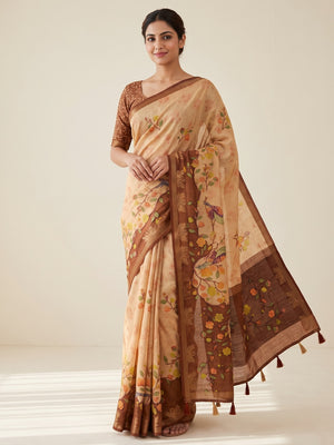 Peachmode Cream Peacock Floral Printed Cotton Saree - Image 1