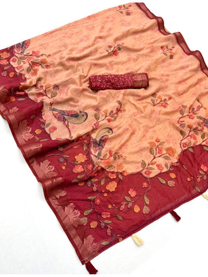 Peachmode Peach Peacock Floral Printed Cotton Saree - Image 2