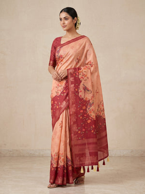 Peachmode Peach Peacock Floral Printed Cotton Saree - Image 1