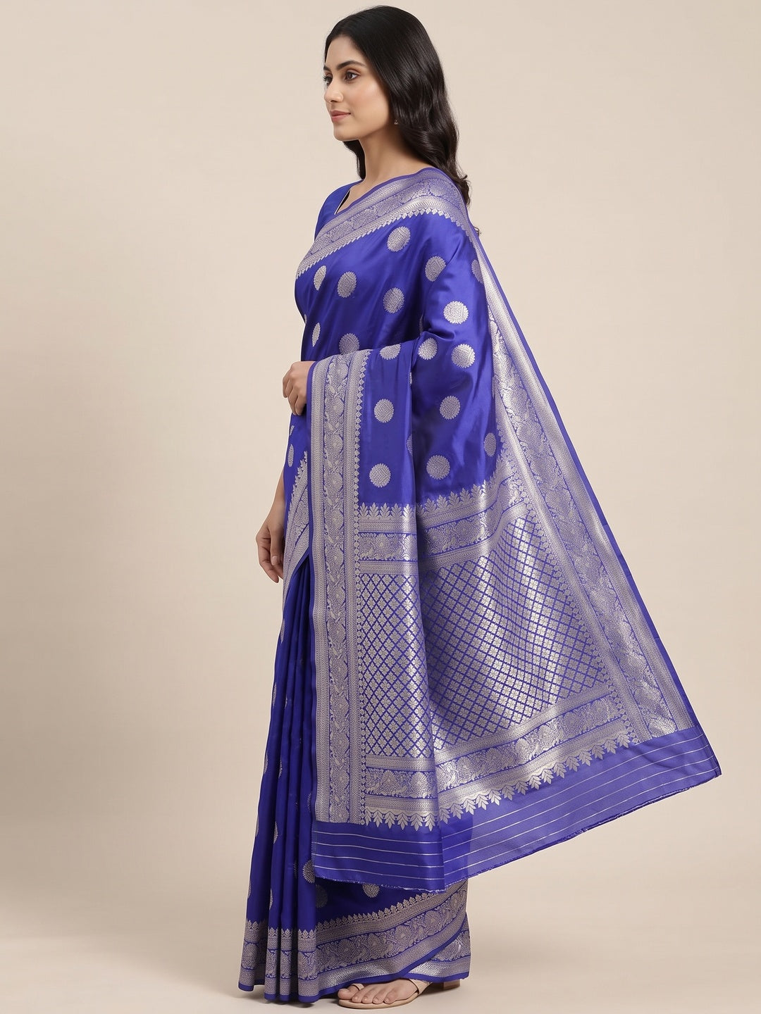 Royal Blue Floral Woven Lichi Banarasi Silk Saree - Image 7