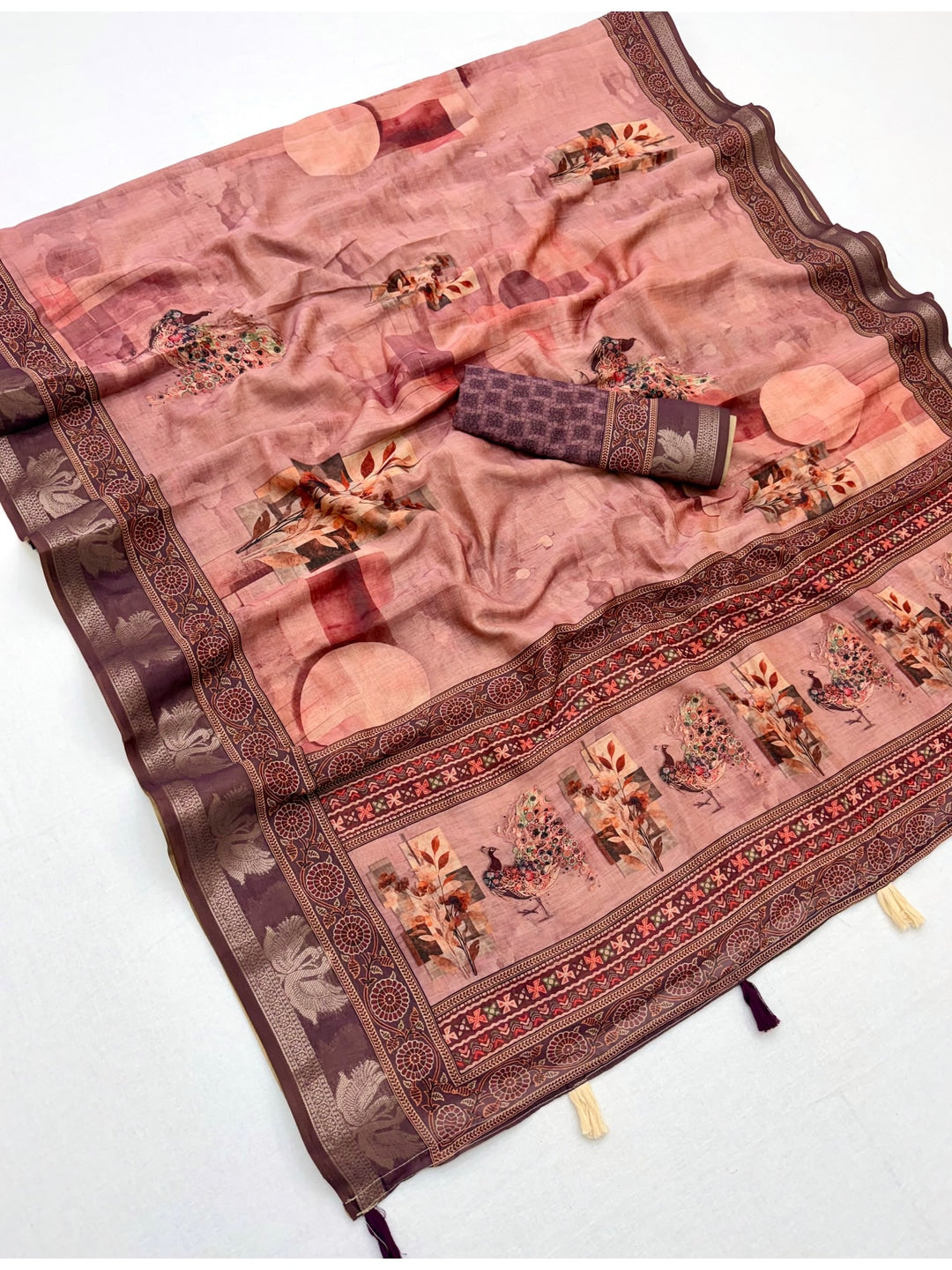 Peachmode Mauve Abstract Printed Cotton Saree - Image 3