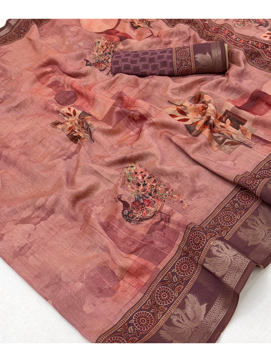 Peachmode Mauve Abstract Printed Cotton Saree - Image 4
