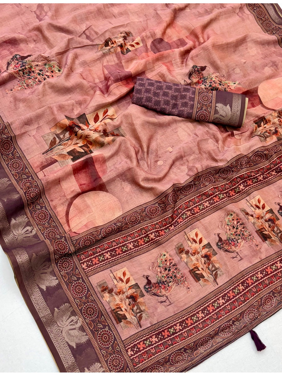 Peachmode Mauve Abstract Printed Cotton Saree - Image 5