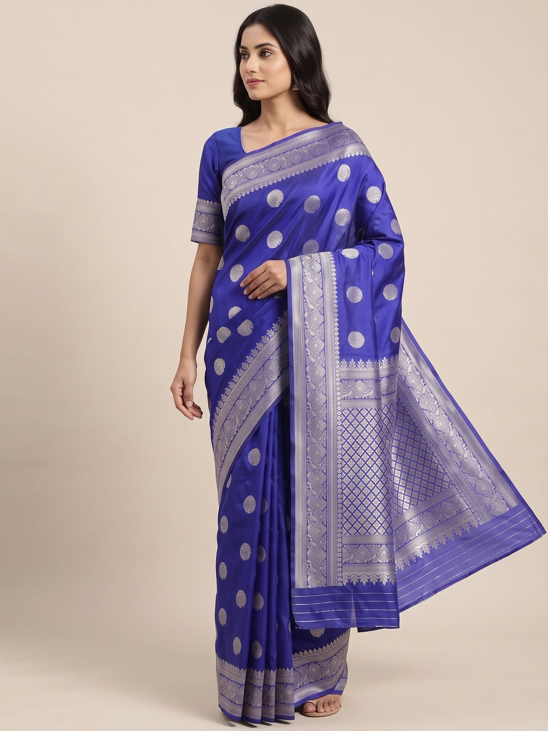 Royal Blue Floral Woven Lichi Banarasi Silk Saree - Image 8