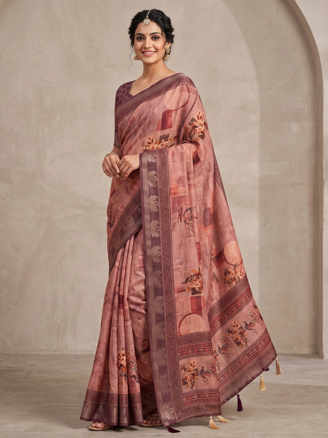 Peachmode Mauve Abstract Printed Cotton Saree - Image 1
