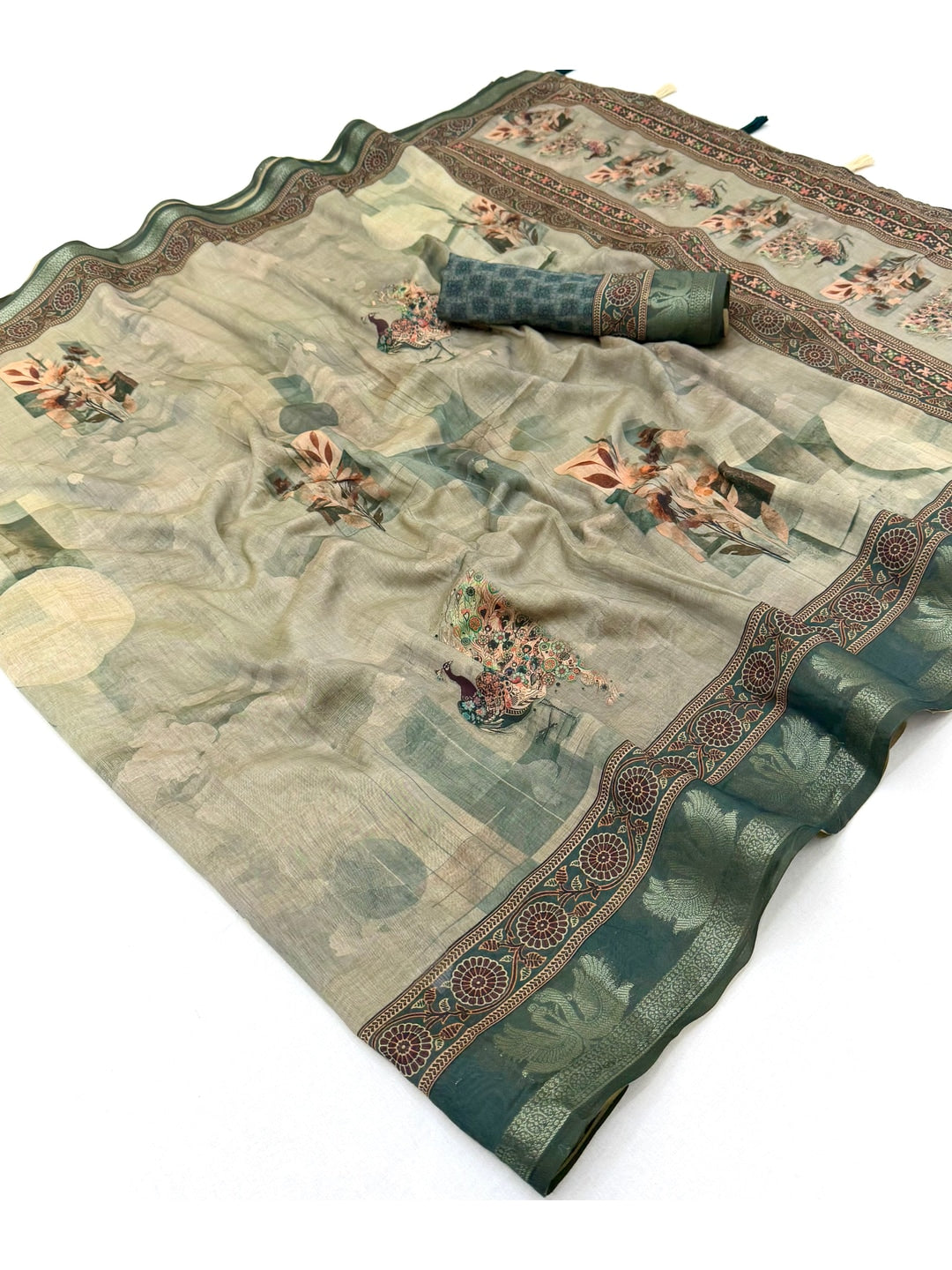 Peachmode Sea Green Abstract Printed Cotton Saree - Image 2