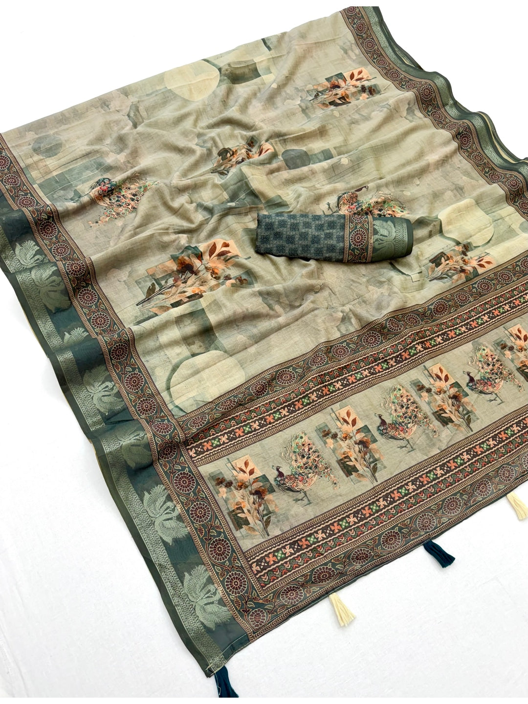 Peachmode Sea Green Abstract Printed Cotton Saree - Image 3