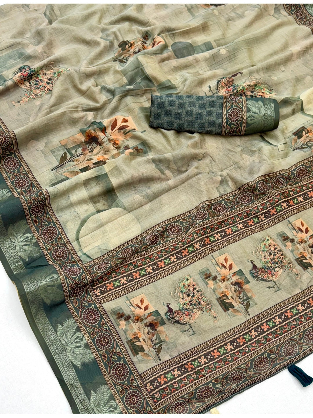 Peachmode Sea Green Abstract Printed Cotton Saree - Image 5