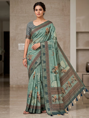 Peachmode Sea Green Abstract Printed Cotton Saree - Image 1