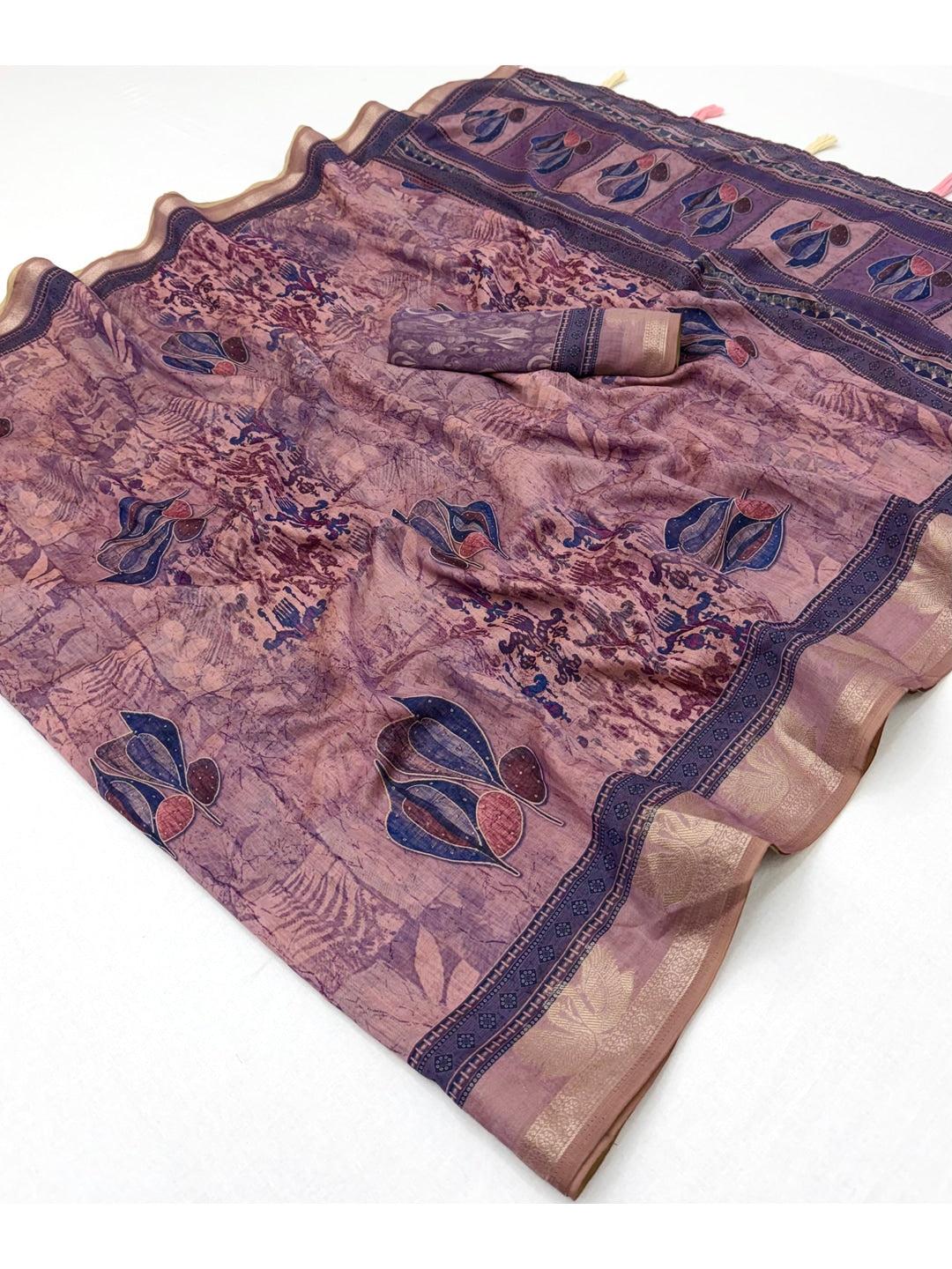 Peachmode Lavender Leaf Printed Cotton Saree - Image 2