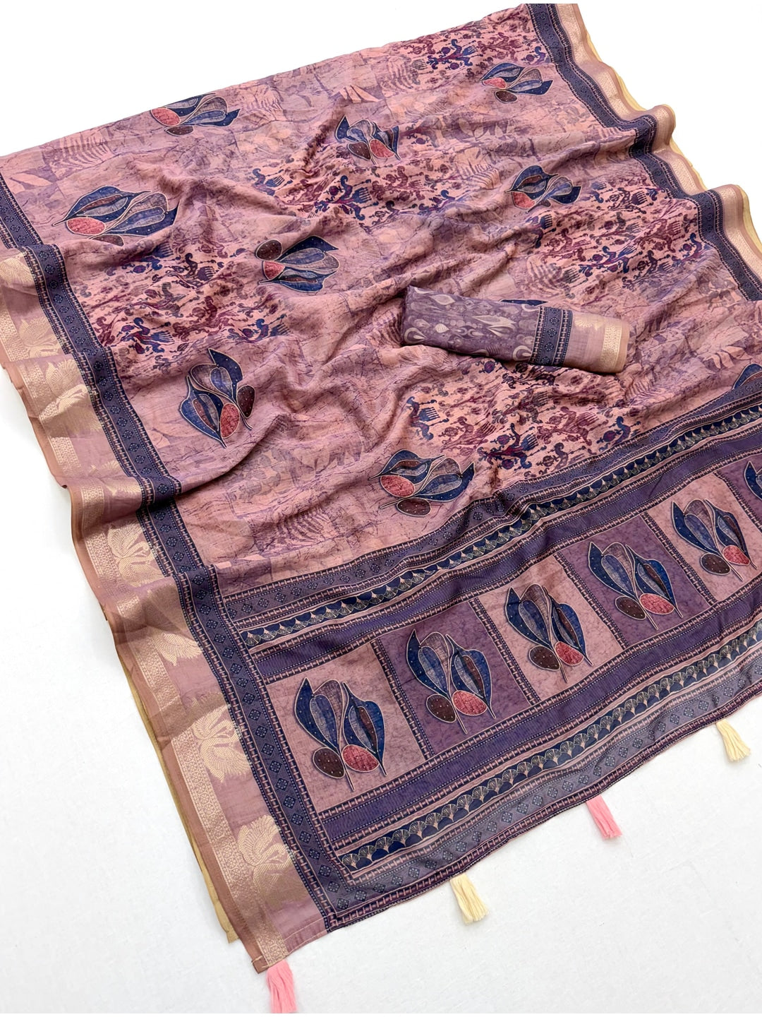 Peachmode Lavender Leaf Printed Cotton Saree - Image 3