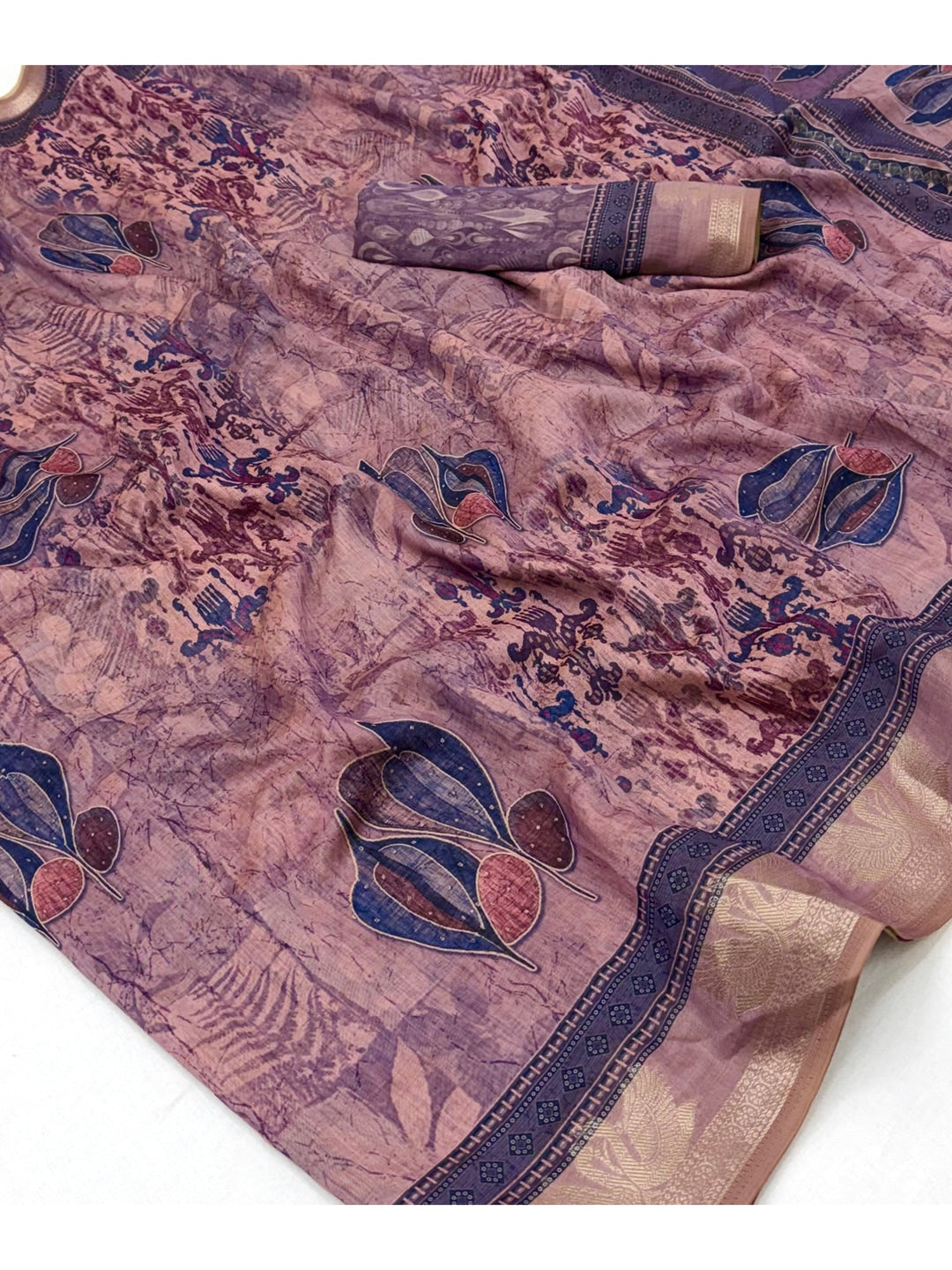Peachmode Lavender Leaf Printed Cotton Saree - Image 4