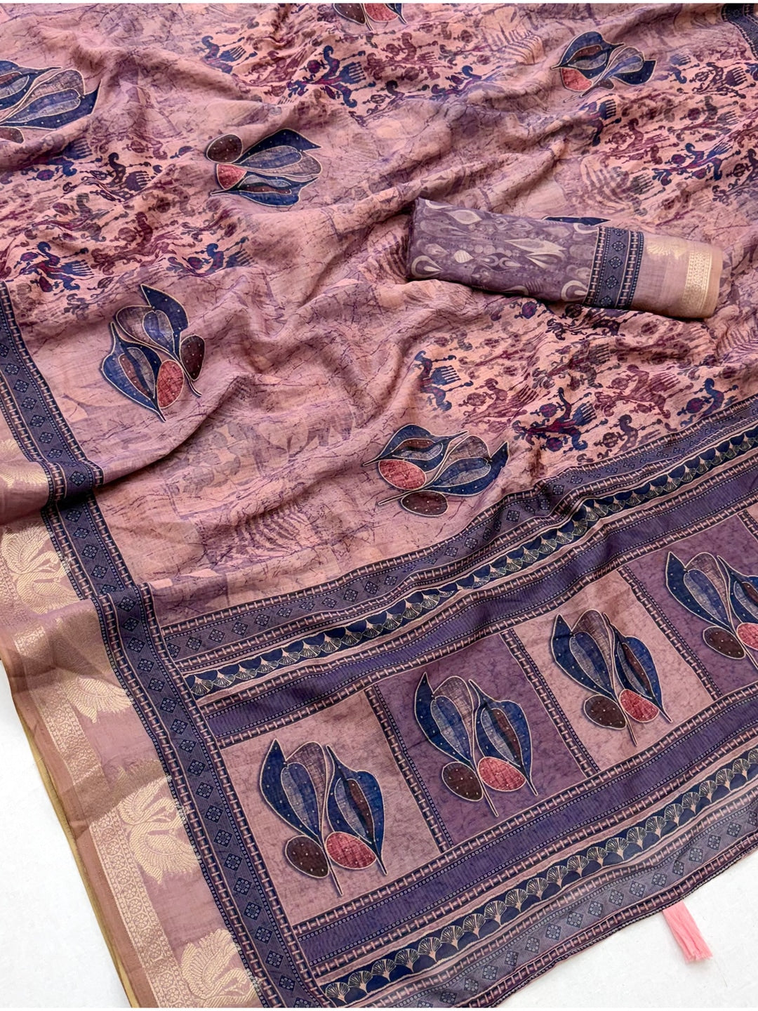 Peachmode Lavender Leaf Printed Cotton Saree - Image 5