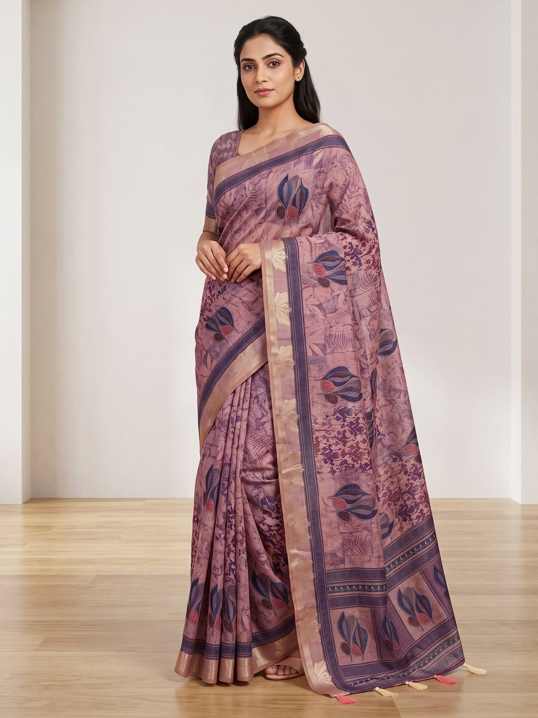 Peachmode Lavender Leaf Printed Cotton Saree - Image 1