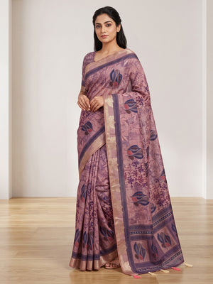 Peachmode Lavender Leaf Printed Cotton Saree - Image 1