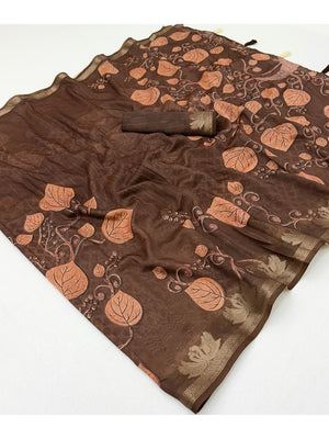 Peachmode Dark Brown Leaf Printed Cotton Saree - Image 2