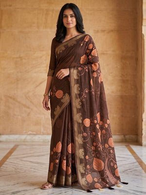 Peachmode Dark Brown Leaf Printed Cotton Saree - Image 1