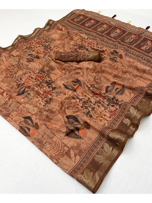 Peachmode Brown Leaf Printed Cotton Saree - Image 2