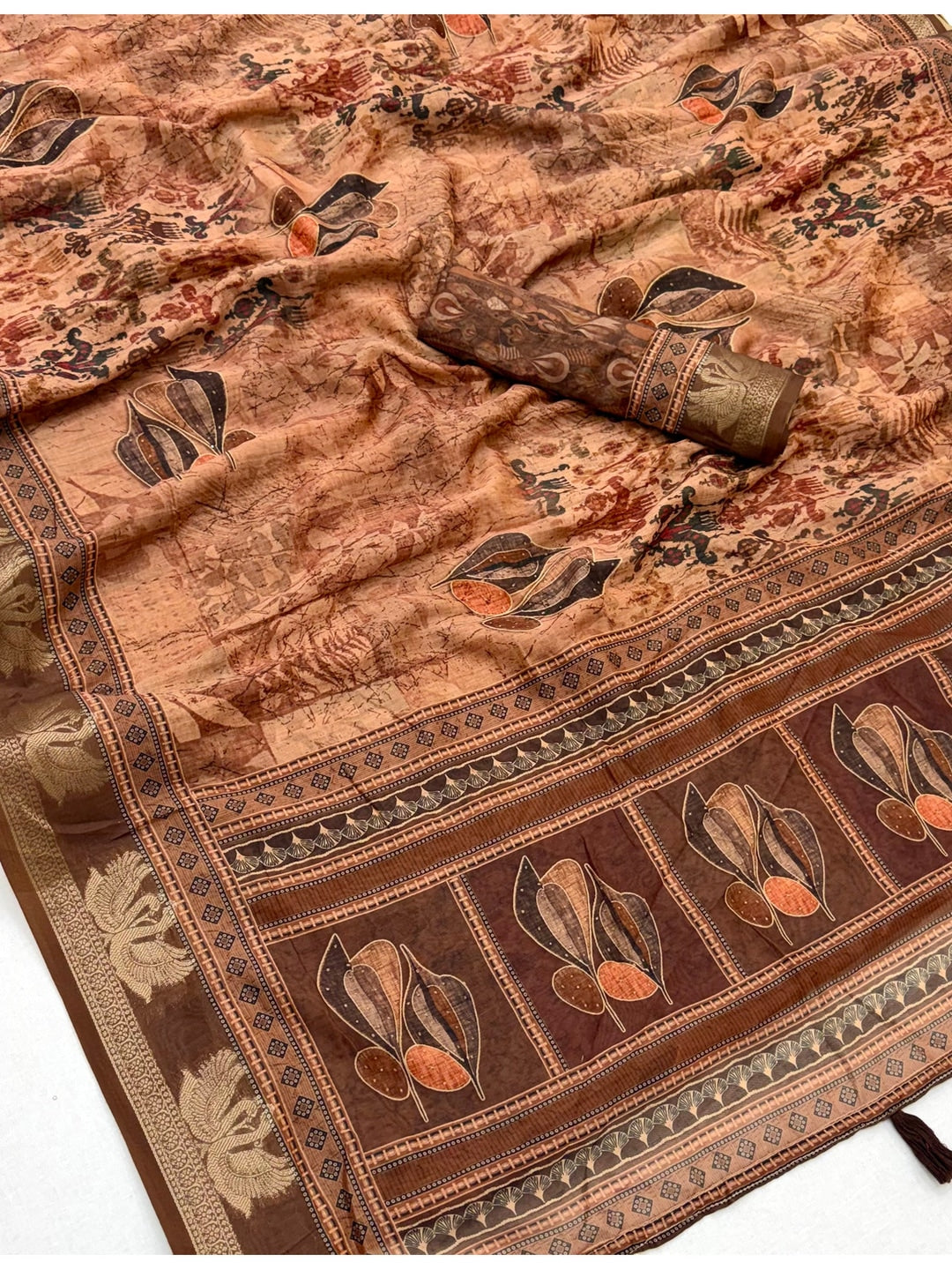 Peachmode Brown Leaf Printed Cotton Saree - Image 5