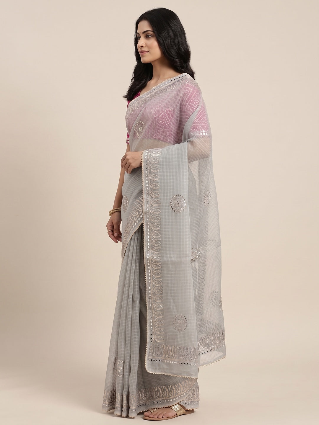 Grey Festive Kota Doria Saree Decorated with Classic Gota Work Embroidery - Image 7