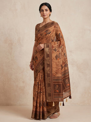 Peachmode Brown Leaf Printed Cotton Saree - Image 1
