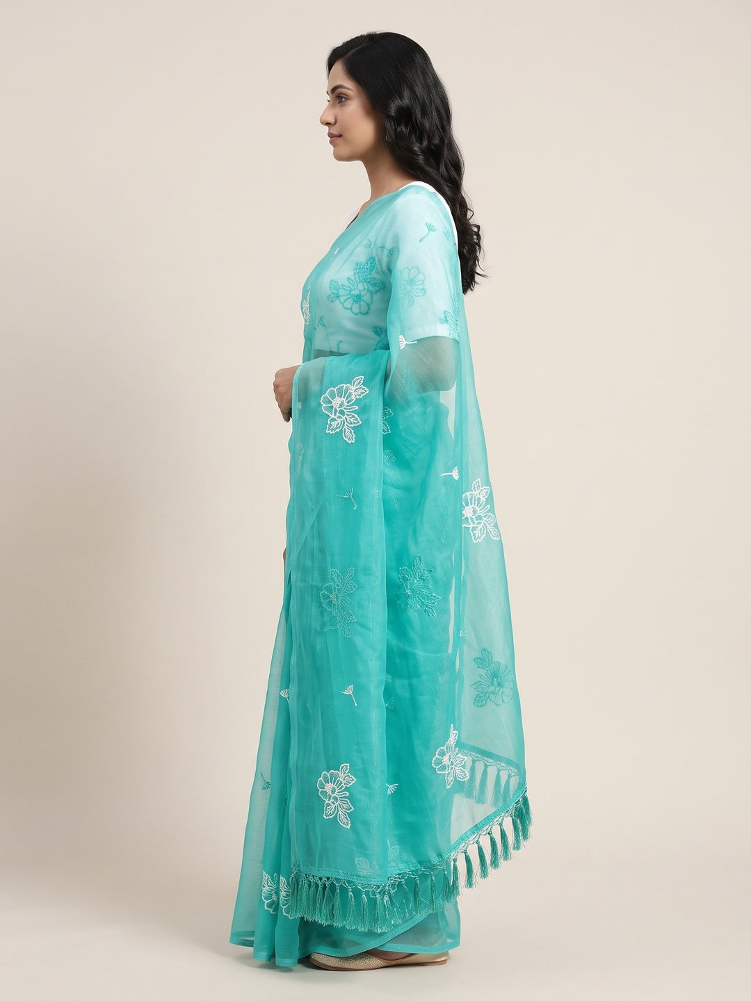 Designer Turquoise Chiffon Saree with Intricate Floral Embroidery - Image 7