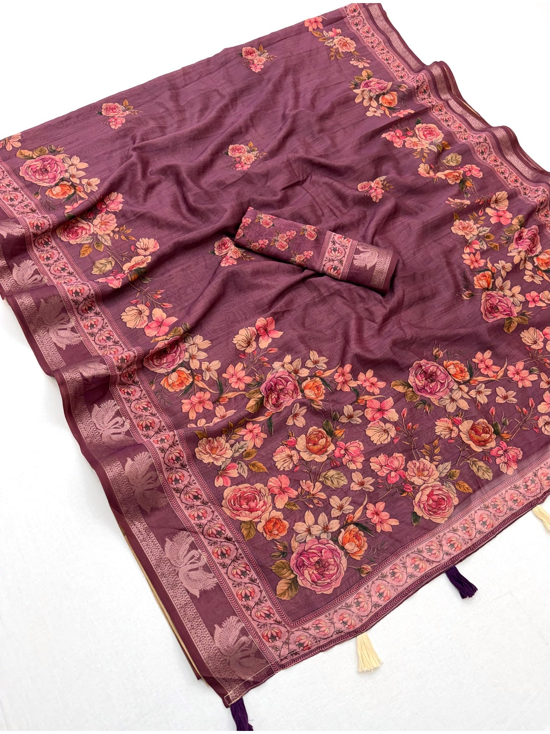 Peachmode Purple Floral Printed Cotton Saree - Image 3