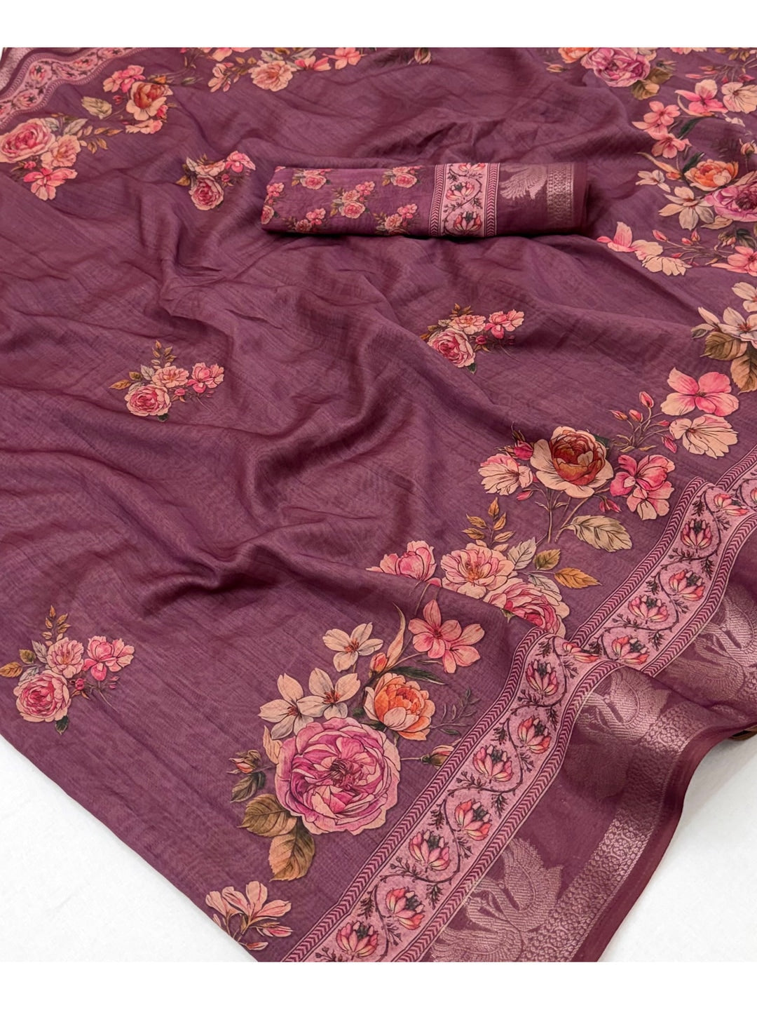 Peachmode Purple Floral Printed Cotton Saree - Image 4