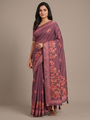 Peachmode Purple Floral Printed Cotton Saree - Image 1