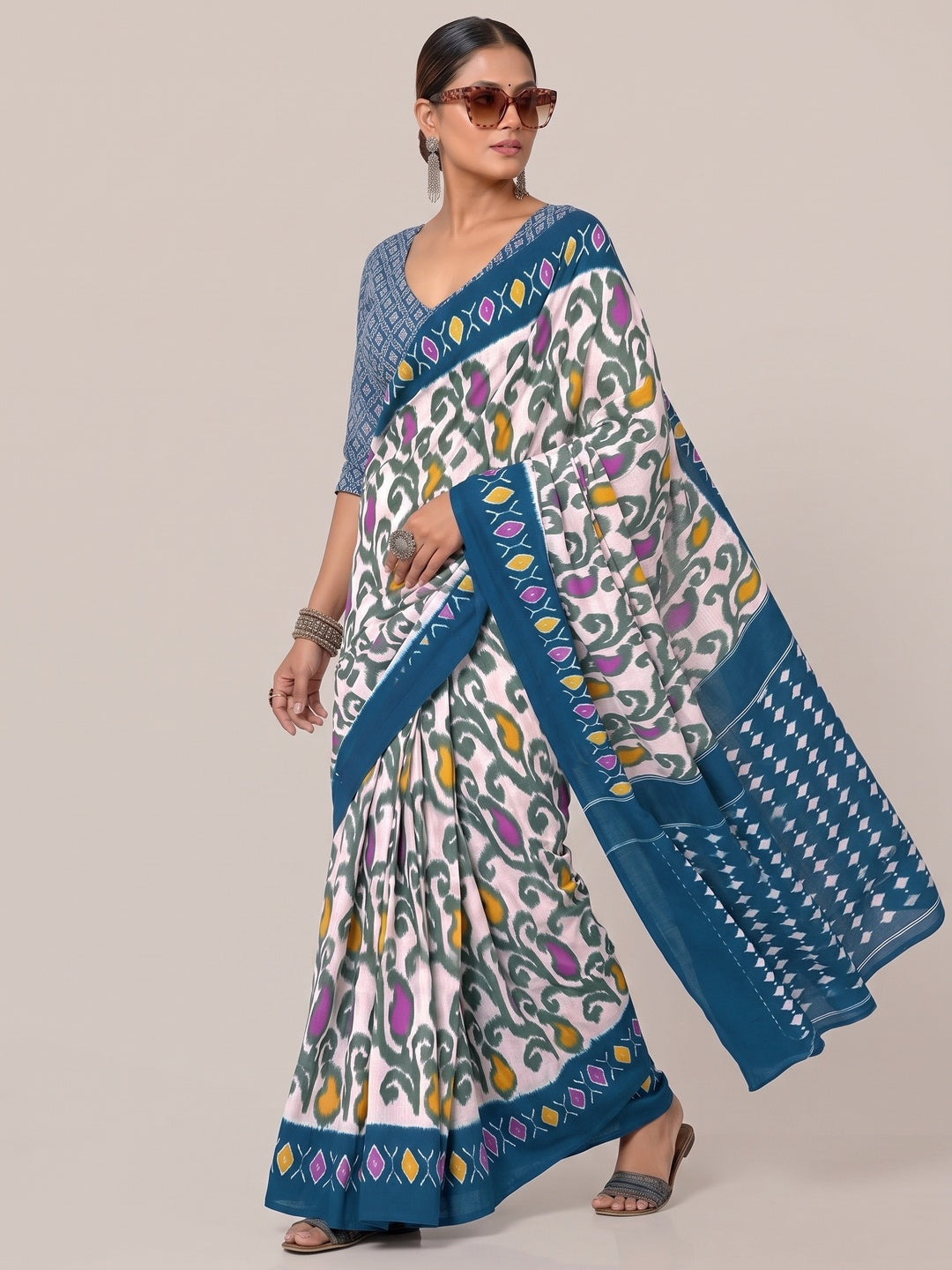 Charming Blue & White Ikkat Printed Mulmul Cotton Saree With Subtle Work - Image 9