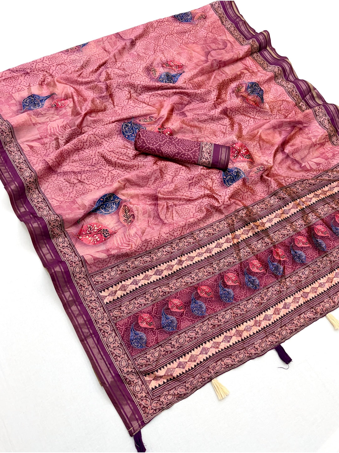 Peachmode Pink Paisley Printed Art Silk Saree - Image 2