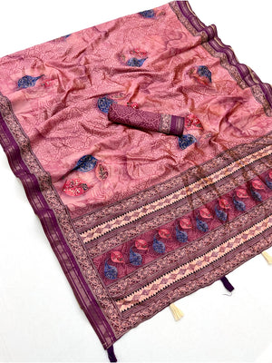 Peachmode Pink Paisley Printed Art Silk Saree - Image 2