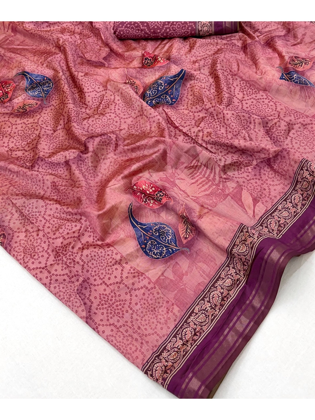 Peachmode Pink Paisley Printed Art Silk Saree - Image 5