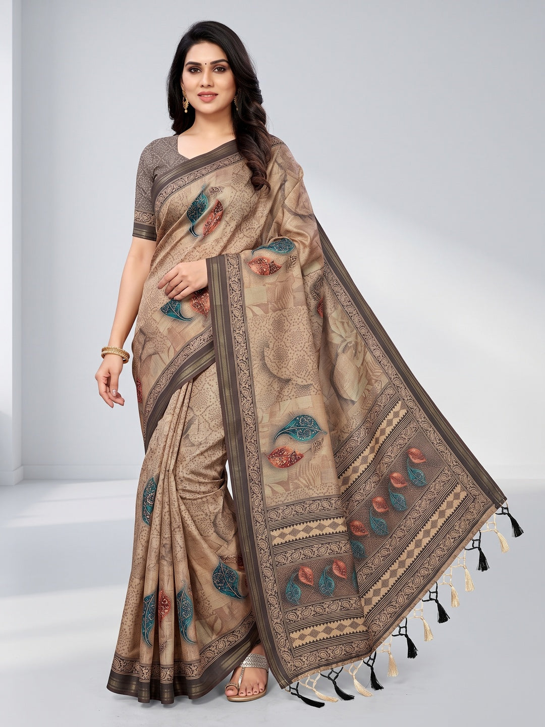 Peachmode Beige Paisley Printed Art Silk Saree - Image 1
