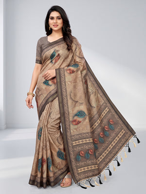 Peachmode Beige Paisley Printed Art Silk Saree - Image 1