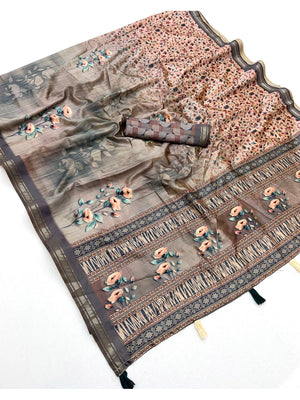 Peachmode Grey Botanical Floral Printed Art Silk Saree - Image 2