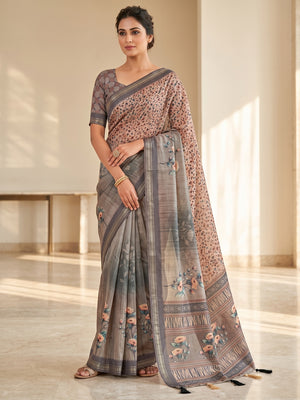 Peachmode Grey Botanical Floral Printed Art Silk Saree - Image 1